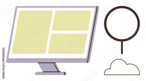 Data analysis, cloud computing, digital research, information storage, online search, interface design. A computer monitor with grid layout, magnifying glass and cloud symbol. Data analysis