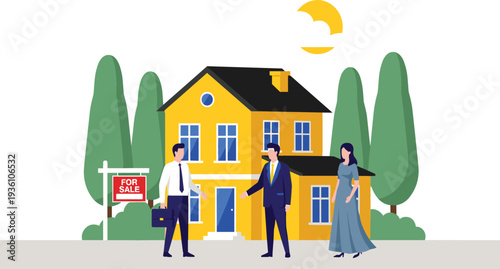Professional real estate agent shaking hands with a couple in front of a yellow house for sale with trees and sun flat vector illustration.