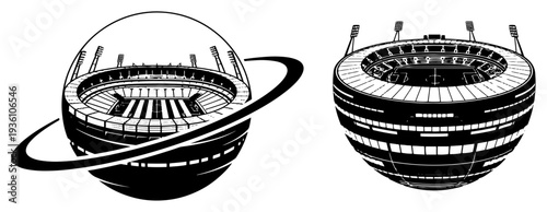 Set of stylized soccer stadium illustrations with abstract orbital rings