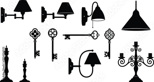 Vintage silhouette collection, antique lamps, ornate candlesticks, decorative candelabra, skeleton keys, retro home decor, classic design inspiration, timeless style