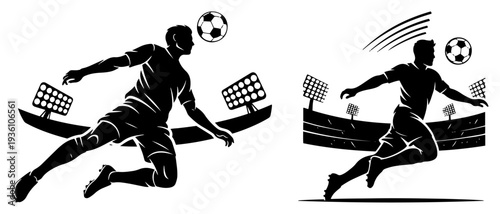 Dynamic silhouettes of soccer players in action at the stadium