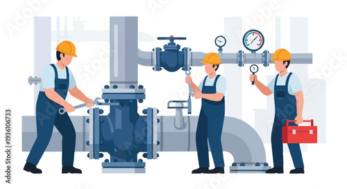 Industrial pipeline maintenance workers in uniform inspecting equipment.