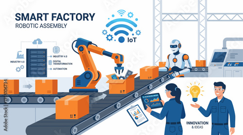 Smart Factory Automation with Robotic Arm and Industrial Workers Vector Illustration