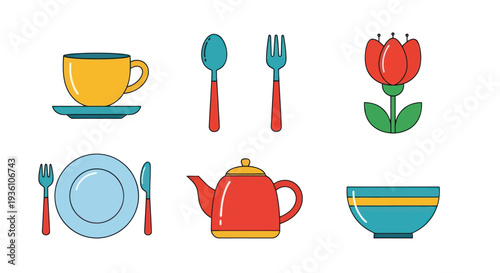 Colorful dining set and floral illustration