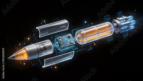 Exploded view of a rocket's internal components displayed in a futuristic digital illustration against a dark background from a lateral viewpoint
