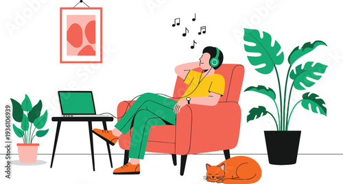 Happy young man and woman jumping together celebrating success with colorful confetti and nature plants in a flat line art vector illustration style.