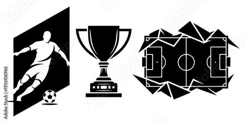 Set of sports icons including soccer player trophy and pitch