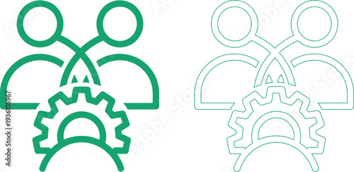 Abstract gear shaped humanoid figures in green and gray