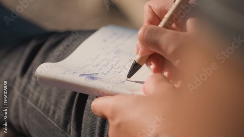 Individual crafting song lyrics on her lap. Creative woman jotting down song ideas in personal notebook. Focused female songwriter sketching lyrics with blue ink on her lap in warm lighting