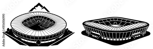 Isometric view of modern football stadiums and sports arenas