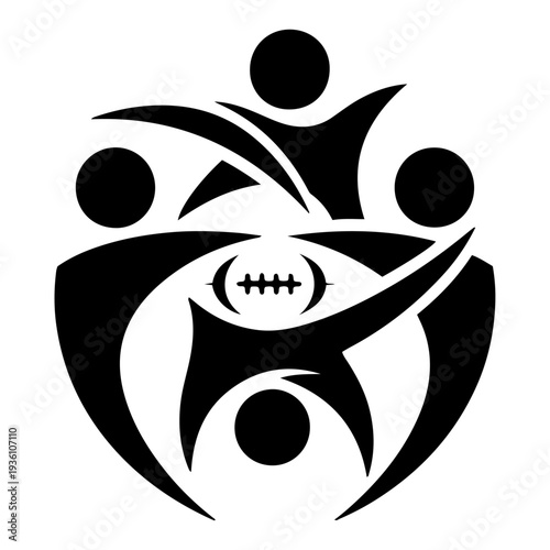 Abstract logo design of people celebrating with a rugby or football ball