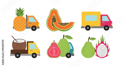 Colorful fruit delivery trucks illustration