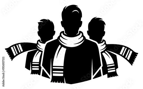 Group of soccer fans wearing scarves as passionate supporters