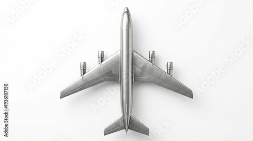 silver airplane model, top view plane, aircraft on white, miniature silver jet, aviation design object, sleek metal plane, toy airplane overhead, travel concept icon, silver wings spread, modern aircr
