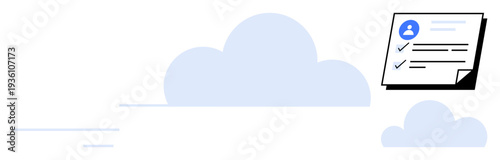 Form with profile avatar and check marks above blue cloud shapes. Ideal for user profile, account setup, digital identity, data verification, cloud storage, analytics, flat metaphor