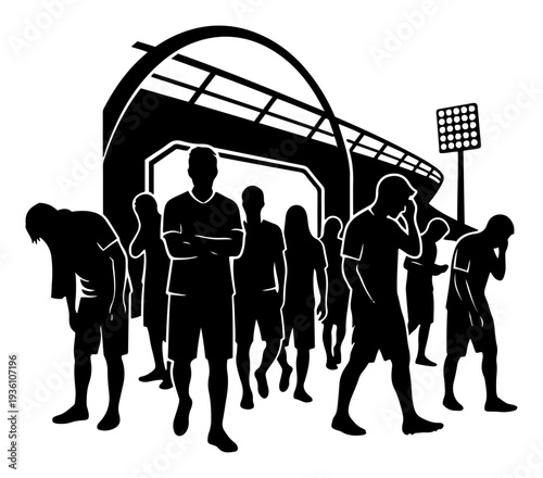 Silhouette of a soccer team standing on the field after the match