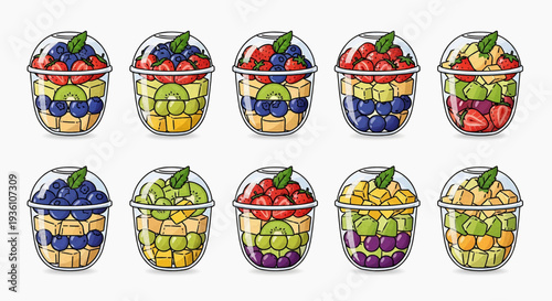 Collection of fruit salad bowls with diverse fruits and mint leaves from an overhead viewpoint, illustrated in a graphic style