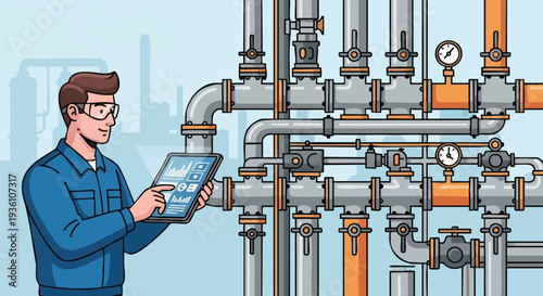 Engineer Inspects Industrial Piping System with Tablet.
