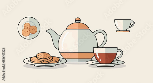 A tea set with a teapot, cup, and cookies on a table, viewed from the side, featuring orange accents