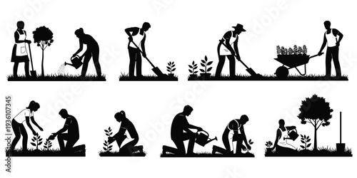 Gardening activities, people silhouettes, outdoor planting, watering plants, digging soil, wheelbarrow transport, teamwork in garden, nature care, horticulture tasks, flat vector illustration