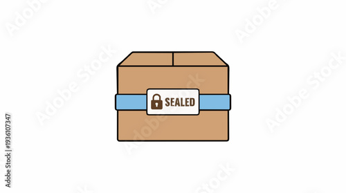 Brown Cardboard Box Sealed With Light Blue Tape And A Seal Sticker Showing A Lock Icon And The Word Sealed On A White Background