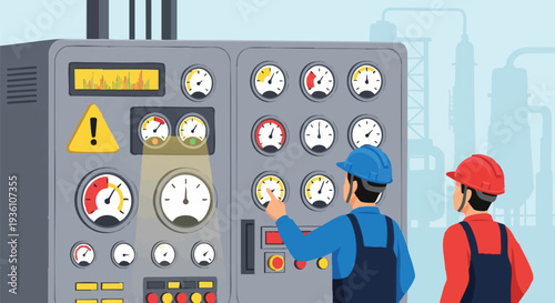 Industrial control panel with workers in factory.