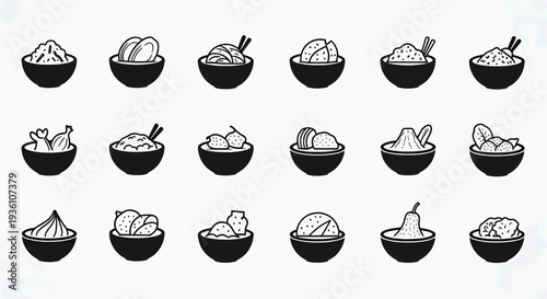 Collection of various food dishes in bowls illustrated in a simple graphic style