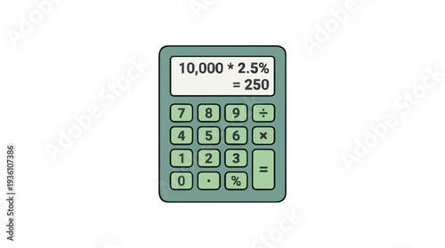 Green calculator displaying calculation 10000 times 2.5 percent equals 250 on white background illustration