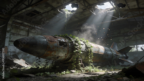 Abandoned aircraft in a decaying hangar with overgrown vegetation and debris scattered around, illuminated by sunlight streaming through the roof