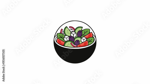 Pixel Art Greek Salad in a Black Bowl with Fresh Vegetables and Feta Cheese on a White Background