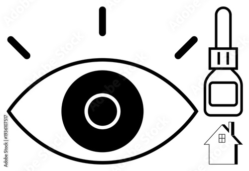 Vision care, ocular health, home remedies, medical treatment, healthcare, eye solution. Simple graphic of an eye, eye drops and house icon. Vision care and ocular health concept
