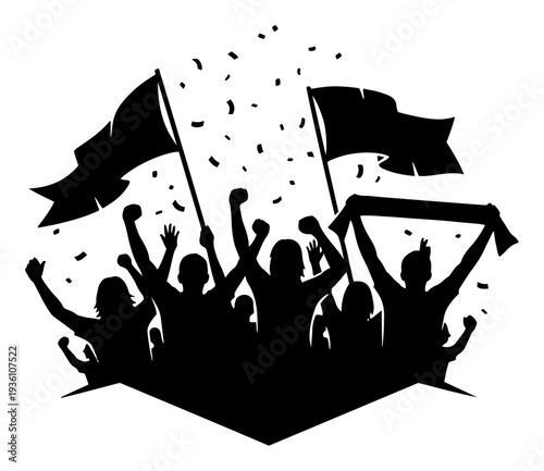 Cheering fans with flags and confetti celebrating victory