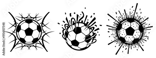 Set of abstract soccer balls with explosion and burst effects