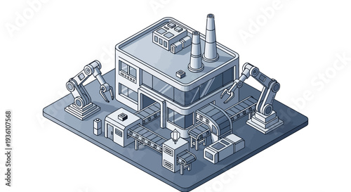 Isometric illustration of a factory with industrial machinery and equipment on a blue platform against a white background