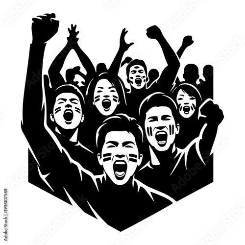 Passionate group of cheering soccer fans shouting and celebrating