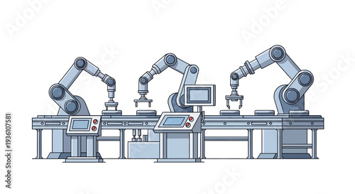 An isometric illustration of three robotic arms working on a manufacturing production line with computer screens and machinery in an industrial setting