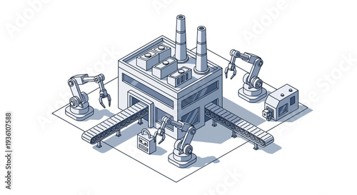 Isometric illustration of a factory interior with industrial robots and machinery on a production line with a blue and white color scheme