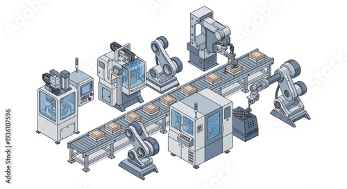 Isometric illustration of an industrial manufacturing production line with robotic arms and machinery in a factory setting with a technological and engineering design