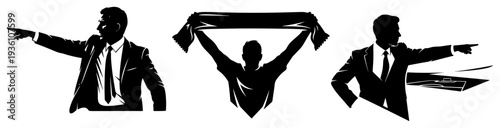 Silhouette set of a soccer coach pointing and fan with a scarf