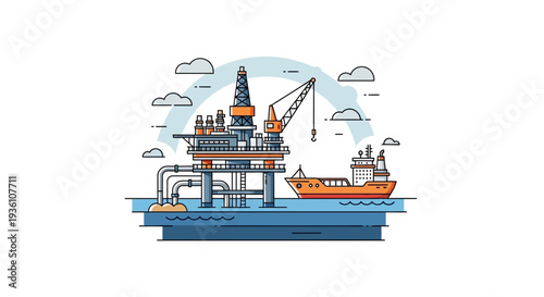 An isometric illustration of an offshore oil rig with a tanker ship nearby, set against a light blue sky with clouds