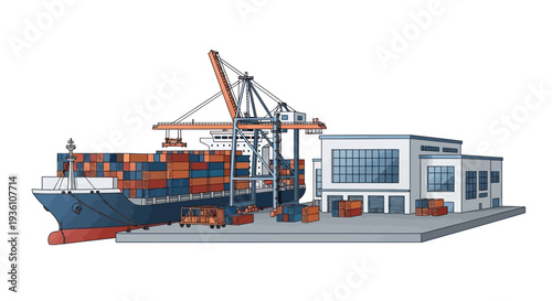 An isometric illustration of a cargo ship docked at a modern port facility with cranes and containers, set against a clean white background