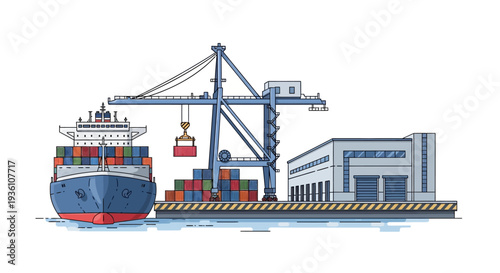 An isometric illustration of a cargo ship docked at a port with a crane and warehouse in the background, featuring colorful shipping containers on the dock and ship