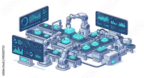 Isometric illustration of a robotic manufacturing system with screens and machinery in a factory interior for industrial production and engineering