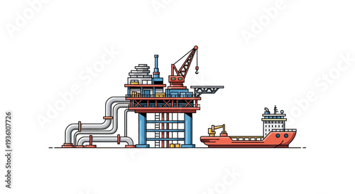 Isometric illustration of an offshore oil rig with a tanker ship and industrial equipment against a clean white background