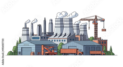 An isometric illustration of an industrial factory with smokestacks and a crane against a clean white background