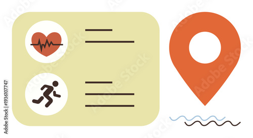 Fitness tracking, health monitoring, geolocation, navigation tools, exercise planning, wellness apps. A card design features a heartbeat and runner icon with a location pin nearby. Health monitoring