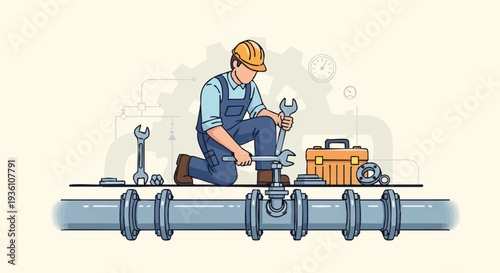 Plumber repairing pipeline with tools.