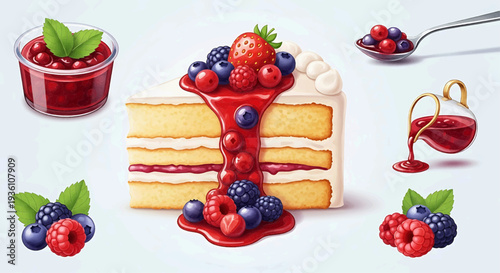 A vibrant illustration of a layered cake with berries and syrup, surrounded by sweet treats and condiments, viewed from directly above