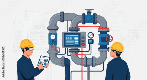 Engineers inspecting industrial control panel with pipes and valves.