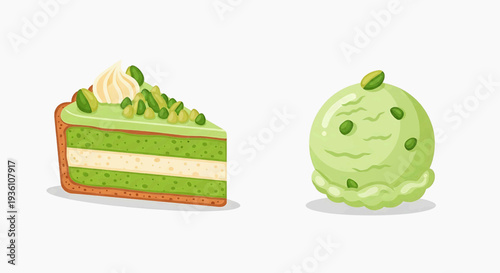 A vibrant green dessert scene featuring cake and ice cream with toppings, viewed from the side and front, showcasing sweet treats in a clean environment.